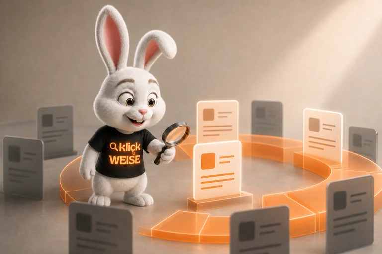 Klickweise-Maskottchen visualisiert KI Sichtbarkeitsrate in einer eigenständigen Mess- und Analyseszene.